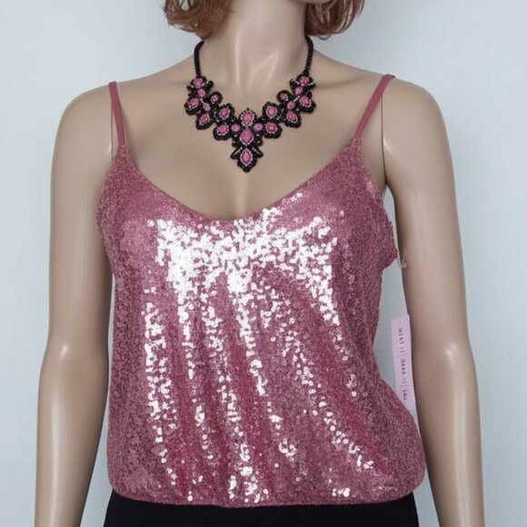 NWT Grave Fame Pink Sequin Camisole Top L | V-Neck | Adjustable Drawstring Waist - Picture 3 of 7
